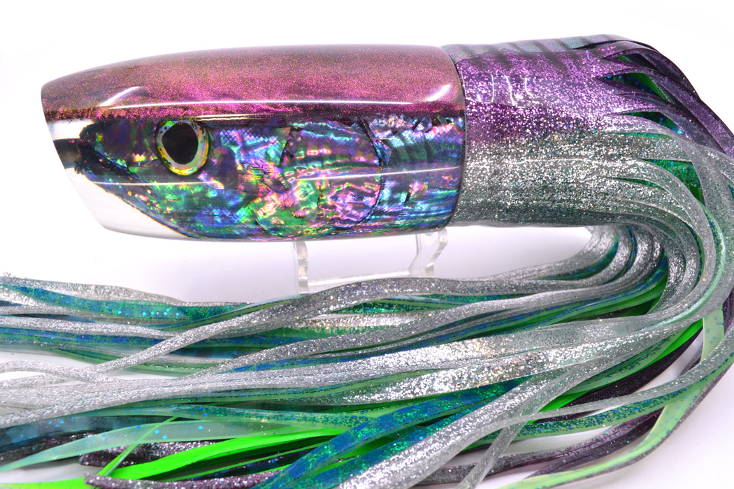Ali'i Kai Lures Purple-Blue Shell Purple Chameleon Back Fish Head XL Plunger 16" 20oz Skirted