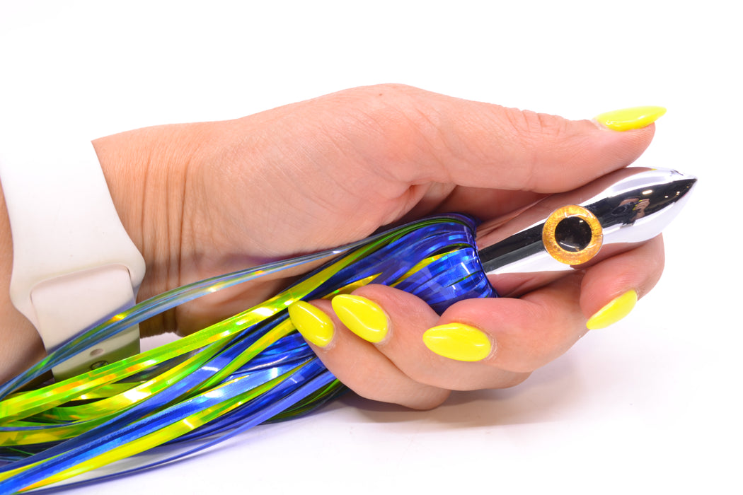 Iland Lures Blue-Chartreuse Mylar Hair Chrome Head "Hawaiian Eye" Ilander 8.5" 2.5oz IL400M-BL/CH