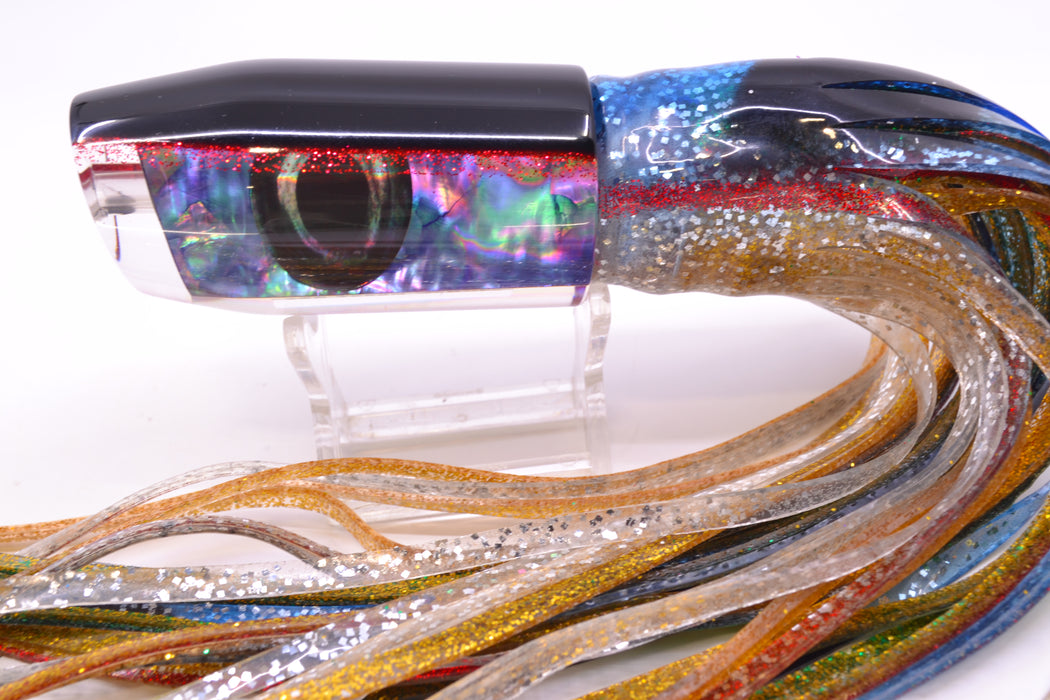 Moyes Lures Rainbow MOP Black-Red Back Taxi Eyes Davey Boy 12" 8oz Skirted Evil