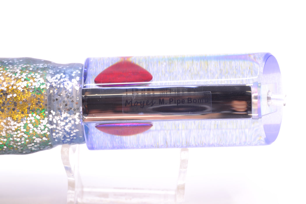 Moyes Lures Clear Mirrored Blue Glitter Back Red Eyes Medium Pipe Bomb 12" 7.5oz Skirted GZE