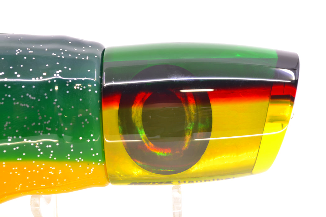Moyes Lures Yellow MOP Green-Red Back Hannibal 14" 9oz Skirted Green-Yellow