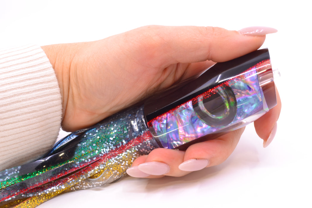 Moyes Lures Rainbow MOP Black-Red Back Taxi Eyes Davey Boy 12" 8oz Skirted Evil