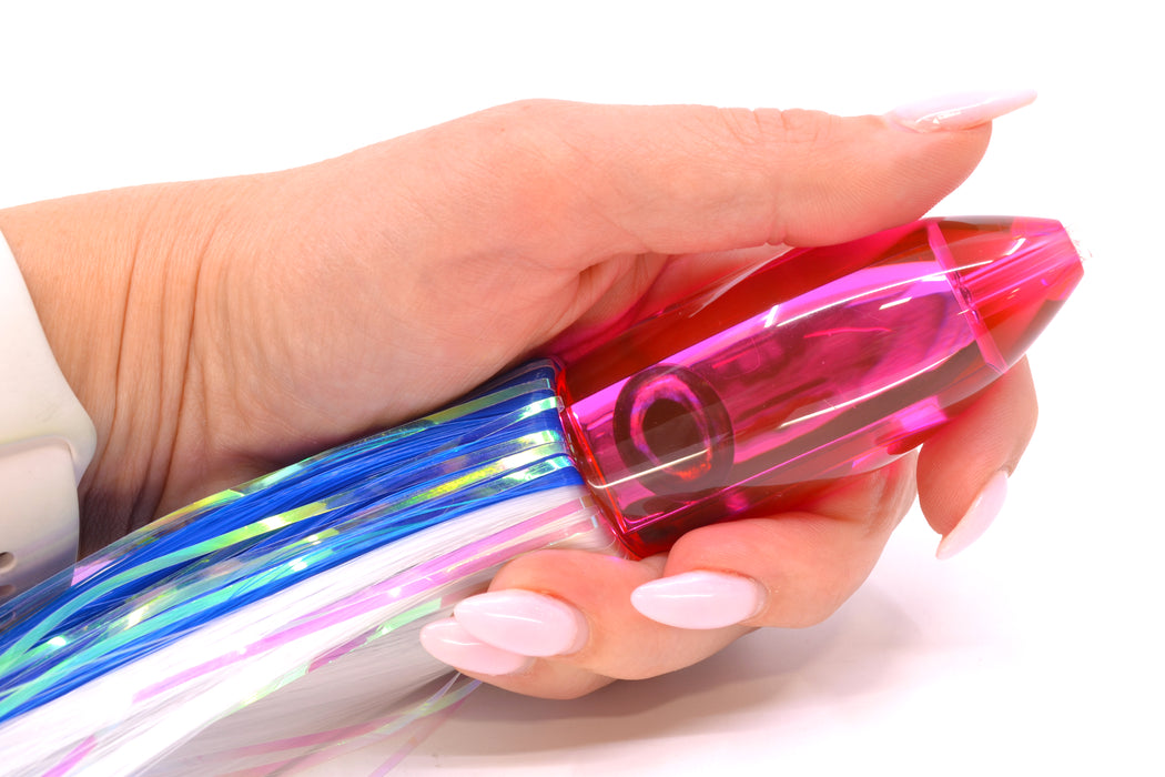 Moyes Lures Pink Mirrored Medium Ono Bullet 9" 5.5oz Skirted Royal Blue-White Hair