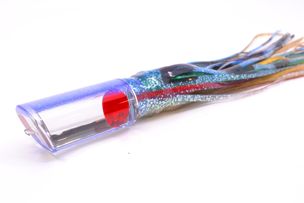 Moyes Lures Clear Mirrored Blue Glitter Back Red Eyes Medium Pipe Bomb 12" 7.5oz Skirted GZE