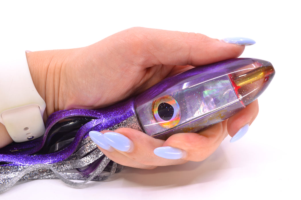 Bomboy Lures Lavender MOP Purple Back Rainbow Eyes Big Bomb 9"+ 7oz Skirted Purple-Silver