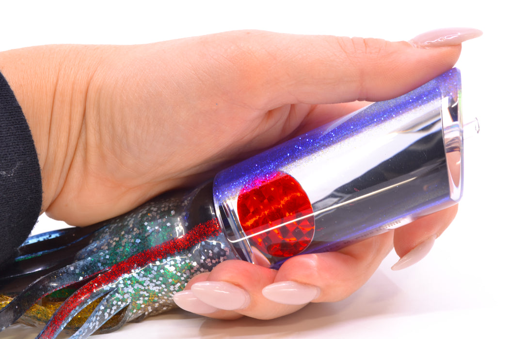 Moyes Lures Clear Mirrored Blue Glitter Back Red Eyes Medium Pipe Bomb 12" 7.5oz Skirted GZE