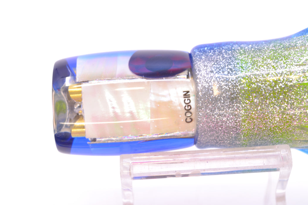 Coggin Lures White MOP Blue Back Sugar Bear Invert 9" 4oz Skirted Blue-Silver/Rainbow