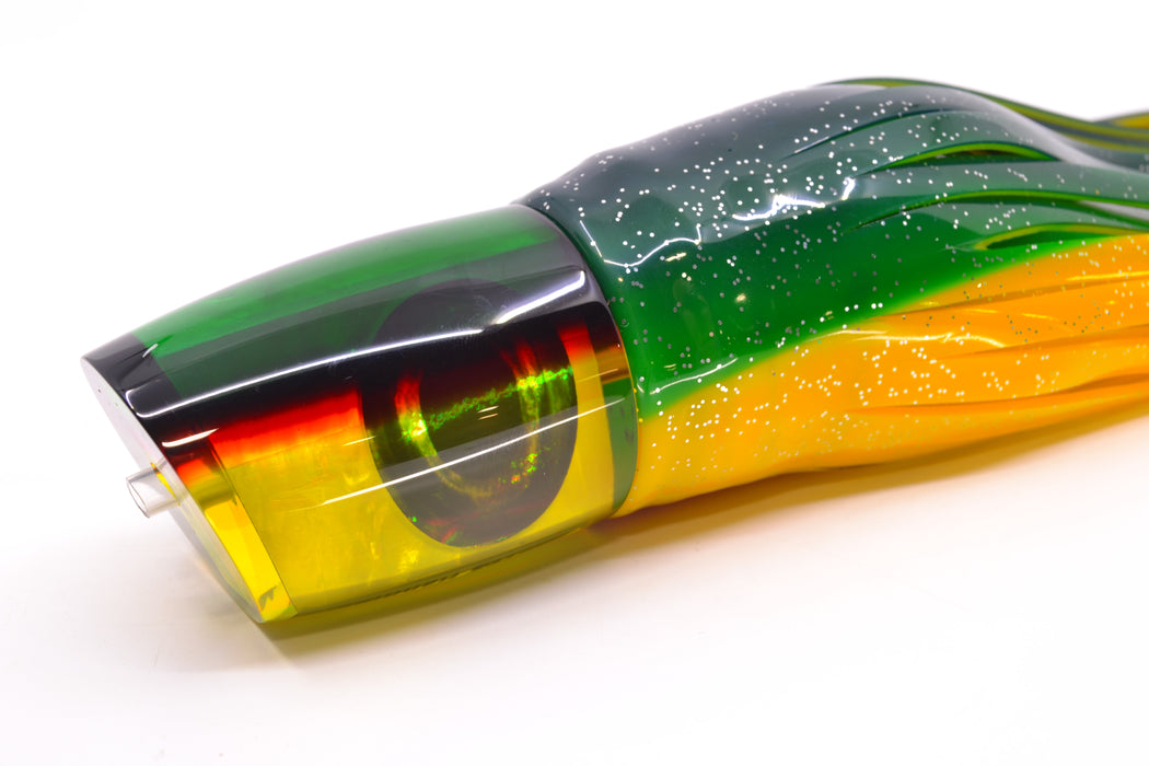 Moyes Lures Yellow MOP Green-Red Back Hannibal 14" 9oz Skirted Green-Yellow