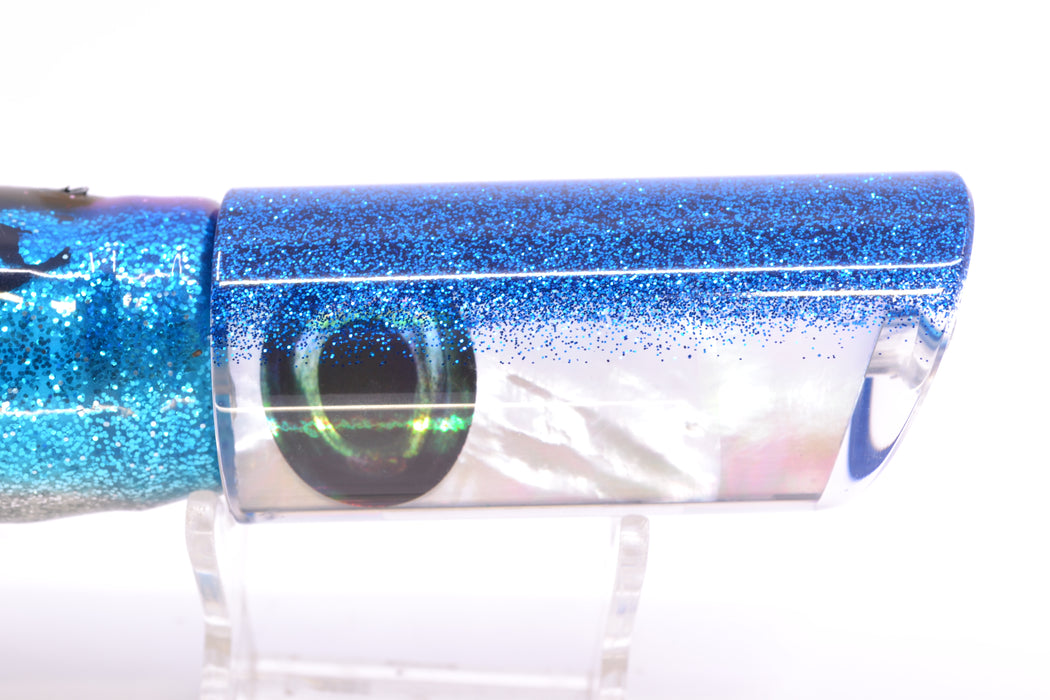 Moyes Lures White MOP Blue Glitter Back Taxi Eyes Medium Pipe Bomb 12" 7.5oz Skirted GZE