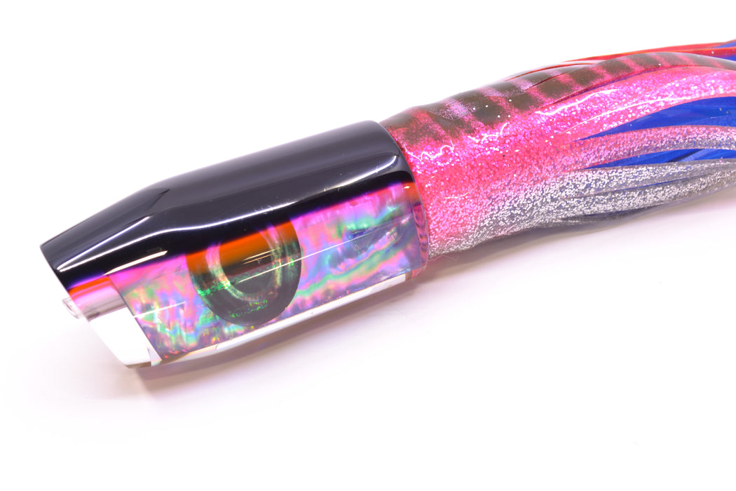 Moyes Lures Rainbow MOP Black-Pink Back Taxi Eyes Davey Boy 12" 8oz Skirted Pink Aurora