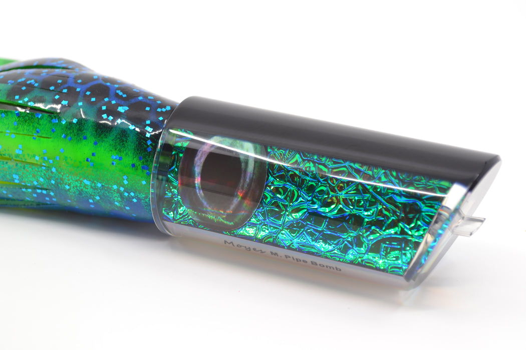 Moyes Lures Green-Blue Oil Slick Black Back Medium Pipe Bomb 12" 7.5oz Skirted