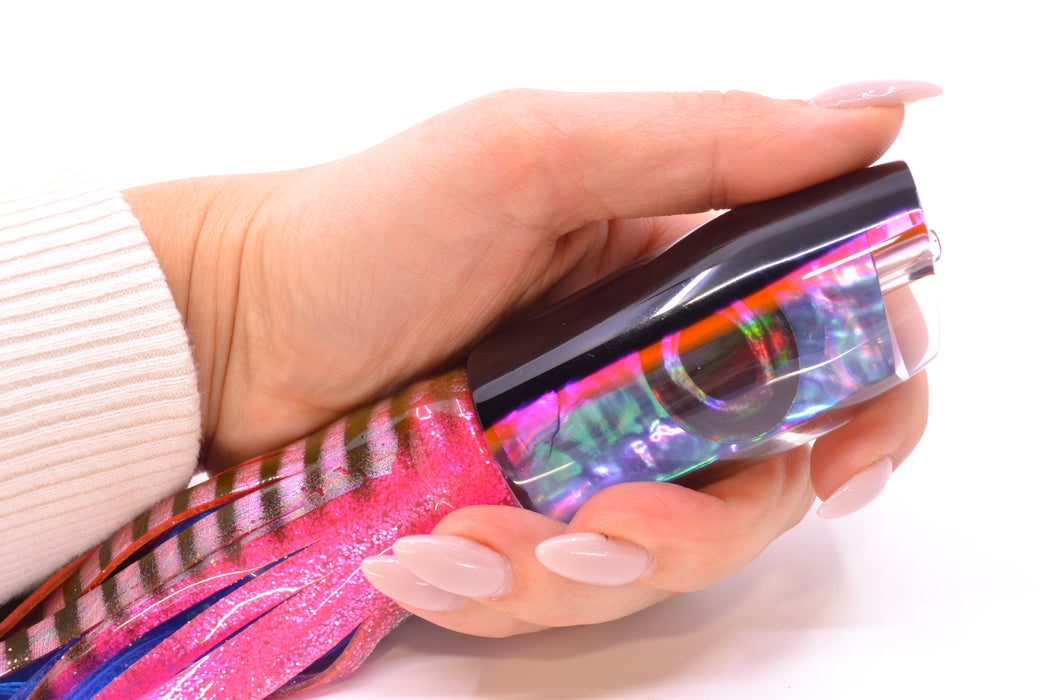 Moyes Lures Rainbow MOP Black-Pink Back Taxi Eyes Davey Boy 12" 8oz Skirted Pink Aurora