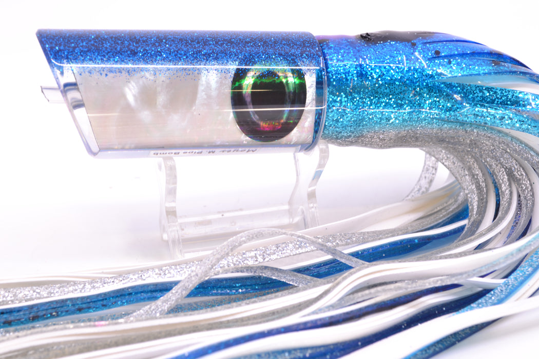 Moyes Lures White MOP Blue Glitter Back Taxi Eyes Medium Pipe Bomb 12" 7.5oz Skirted GZE