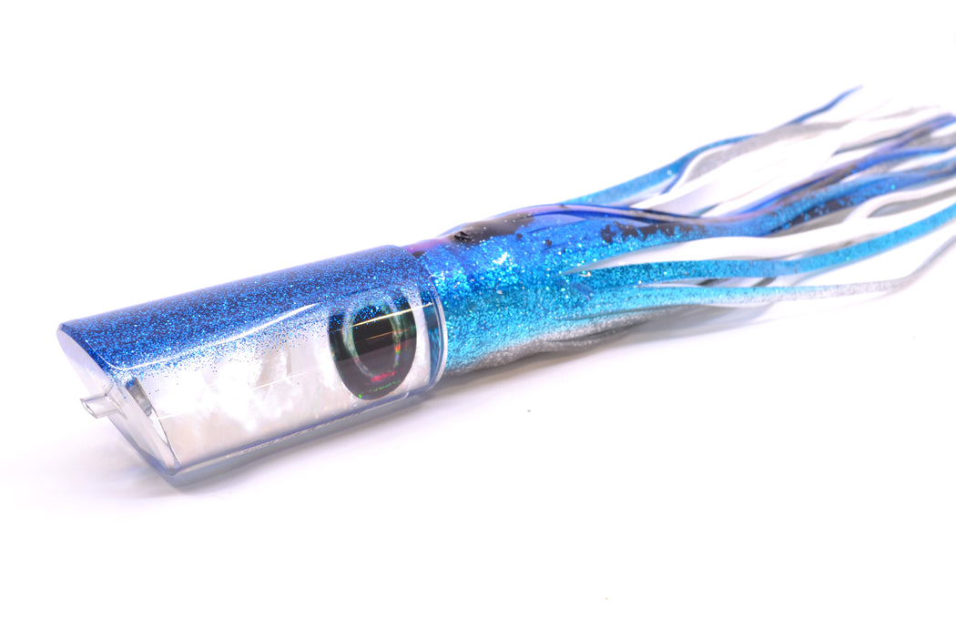 Moyes Lures White MOP Blue Glitter Back Taxi Eyes Medium Pipe Bomb 12" 7.5oz Skirted GZE