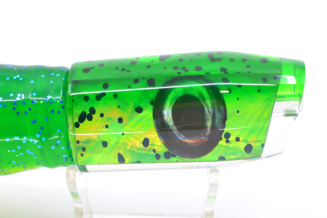 Moyes Lures Mahi MOP Green Back Taxi Eyes Davey Boy 12" 8oz Skirted Mahi