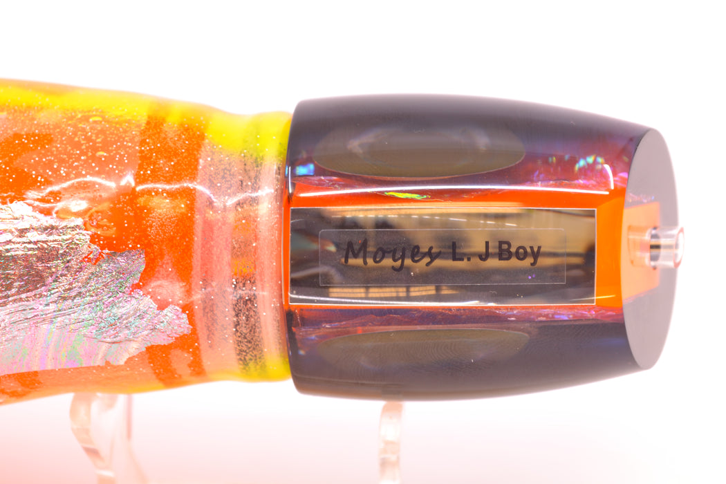 Moyes Lures Orange Rainbow Dichro Black Back Taxi Eyes Large J-Boy 14" 9oz Skirted