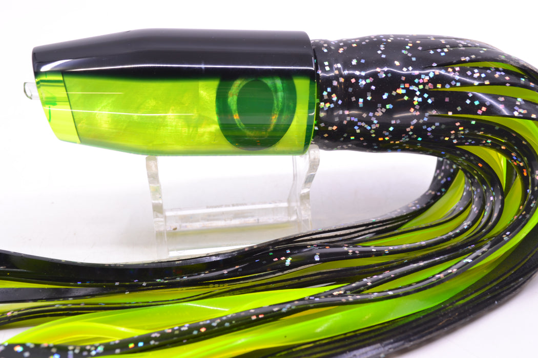 Moyes Lures Chartreuse MOP Black Back Taxi Eyes O.S. Plunger 12" 7oz Skirted Black GZE