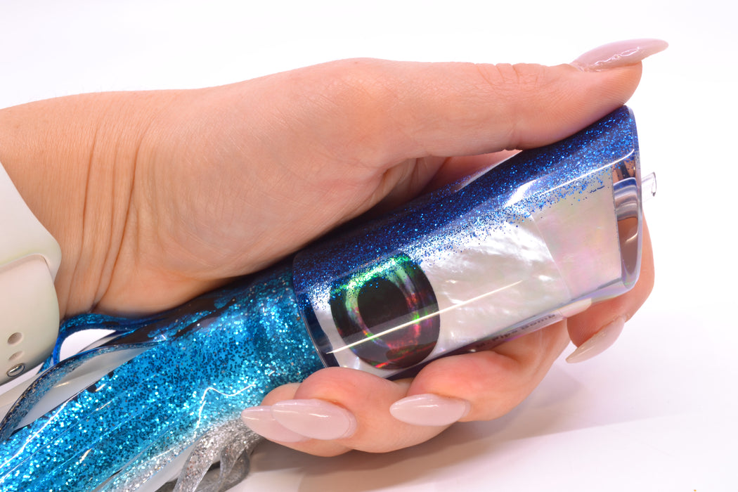 Moyes Lures White MOP Blue Glitter Back Taxi Eyes Medium Pipe Bomb 12" 7.5oz Skirted GZE