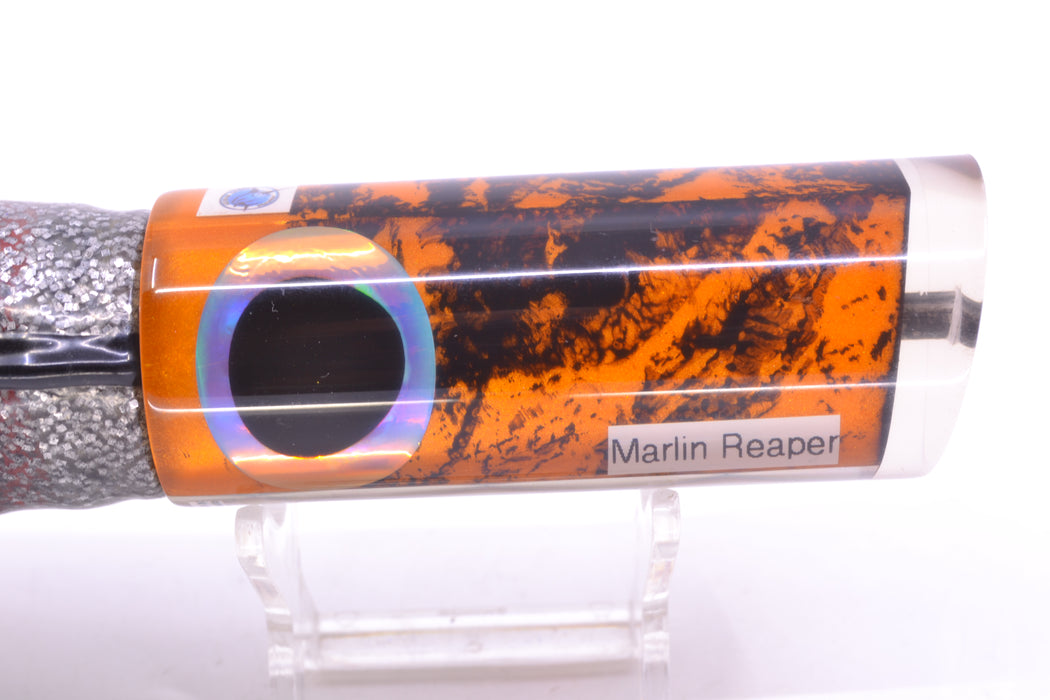 Azores Lures Orange Pearl Black Splatter Marlin Reaper 12" 10.4oz Skirted Silver w/ Black Bars