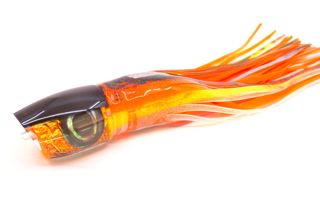Moyes Lures Orange Rainbow Dichro Black Back Taxi Eyes Large J-Boy 14" 9oz Skirted
