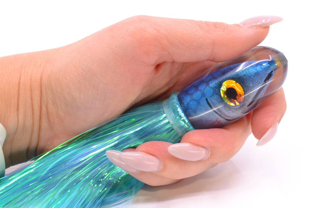 Tsutomu Lures Blue Dot Back Blue-Silver Fish Head Pau Hana Blunt Bullet 7" 4oz Strobez