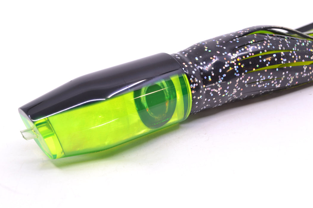 Moyes Lures Chartreuse MOP Black Back Taxi Eyes O.S. Plunger 12" 7oz Skirted Black GZE