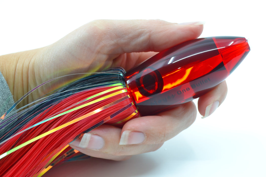 Moyes Lures Red Mirrored Small Ono Bullet 7" 3.8oz Skirted Black-Red Hair