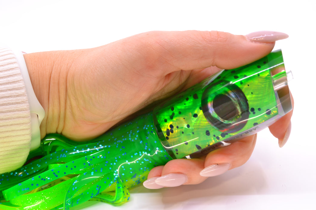 Moyes Lures Mahi MOP Green Back Taxi Eyes Davey Boy 12" 8oz Skirted Mahi