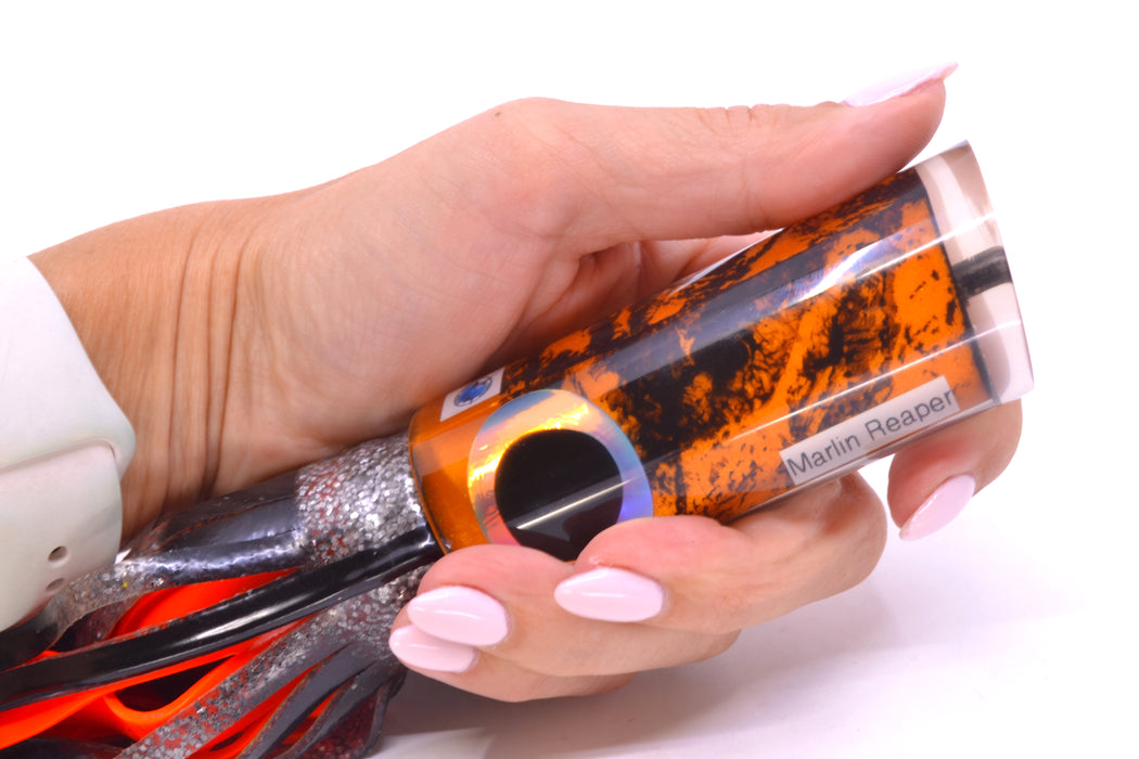 Azores Lures Orange Pearl Black Splatter Marlin Reaper 12" 10.4oz Skirted Silver w/ Black Bars