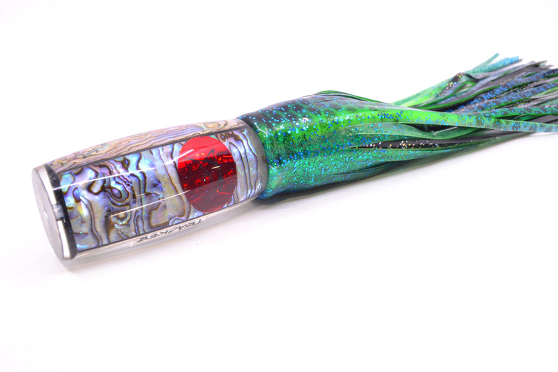 Bonze Lures Paua Shell Red Eyes Tracker 12" 10oz Skirted Black Dots-Blue Dots