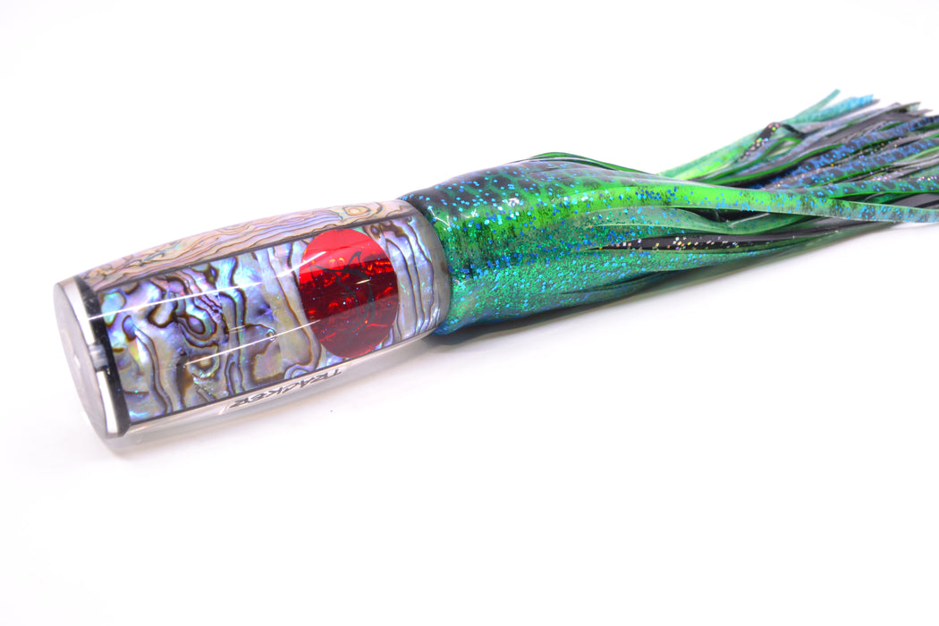 Bonze Lures Paua Shell Red Eyes Tracker 12" 10oz Skirted Black Dots-Blue Dots