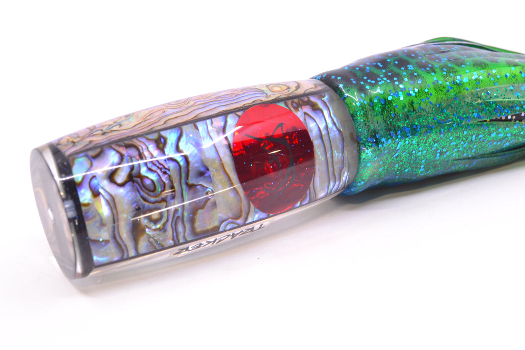 Bonze Lures Paua Shell Red Eyes Tracker 12" 10oz Skirted Black Dots-Blue Dots