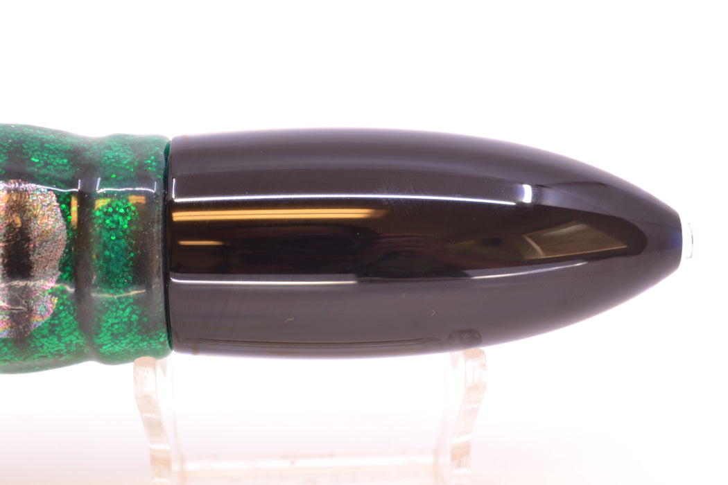 Moyes Lures Black Mackerel Keeled Medium Ono Bullet 9" 8.7oz Skirted Green Aurora