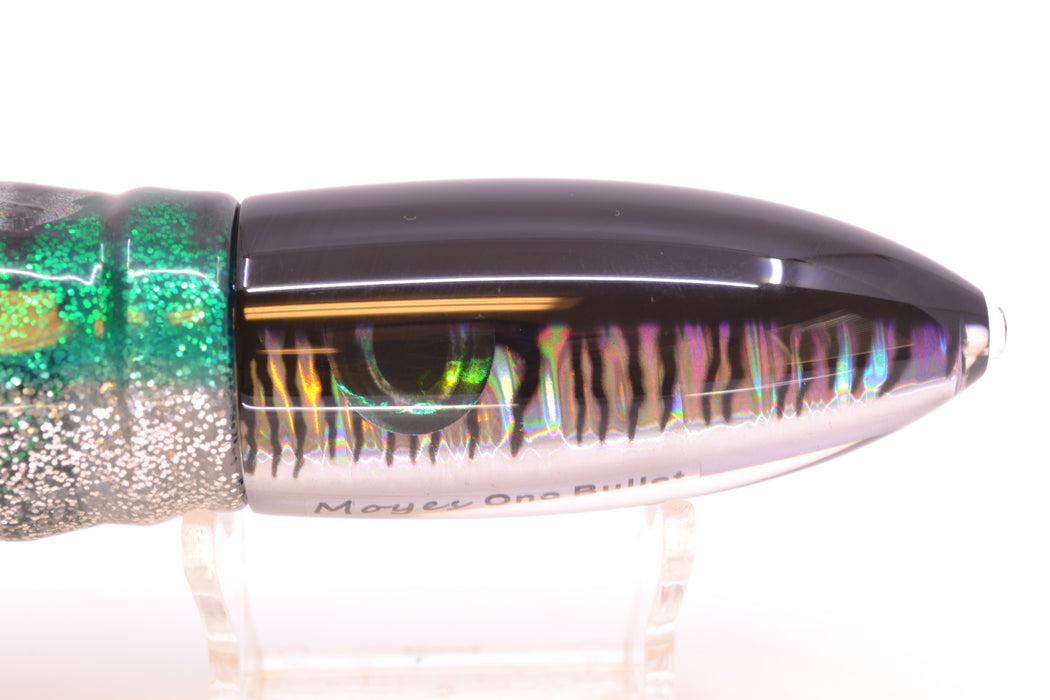 Moyes Lures Black Mackerel Keeled Medium Ono Bullet 9" 8.7oz Skirted Green Aurora