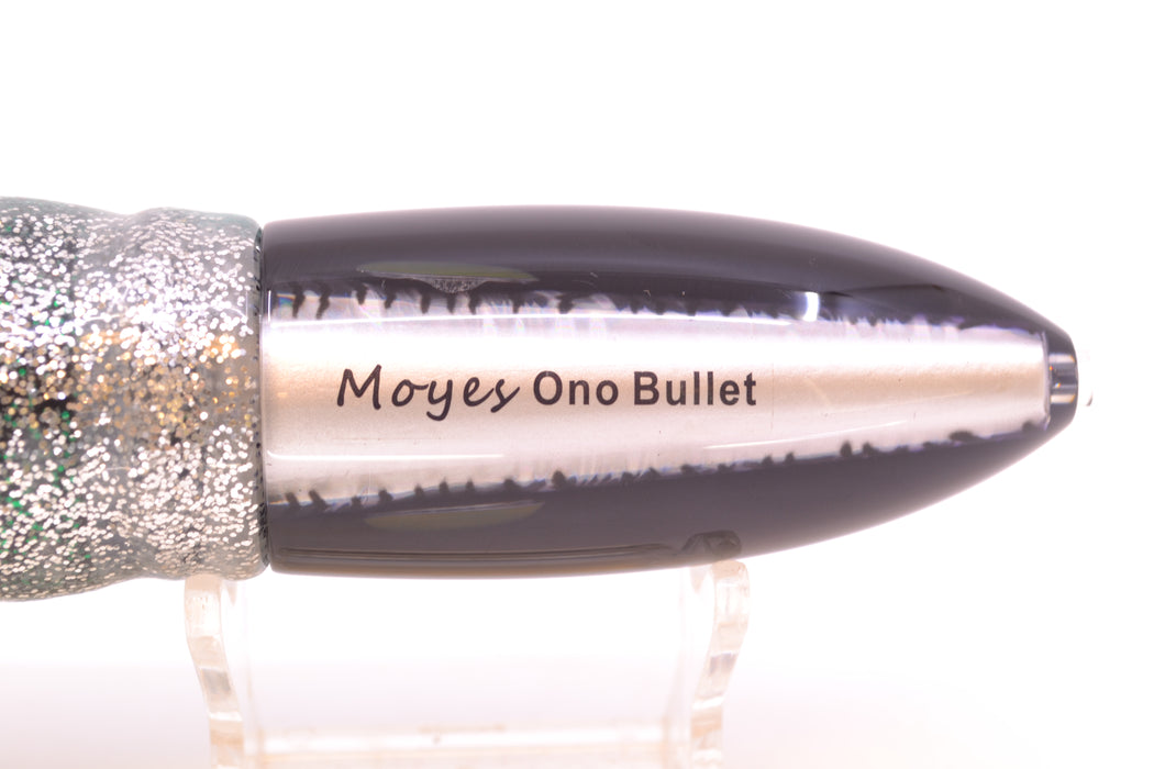 Moyes Lures Black Mackerel Keeled Medium Ono Bullet 9" 8.7oz Skirted Green Aurora