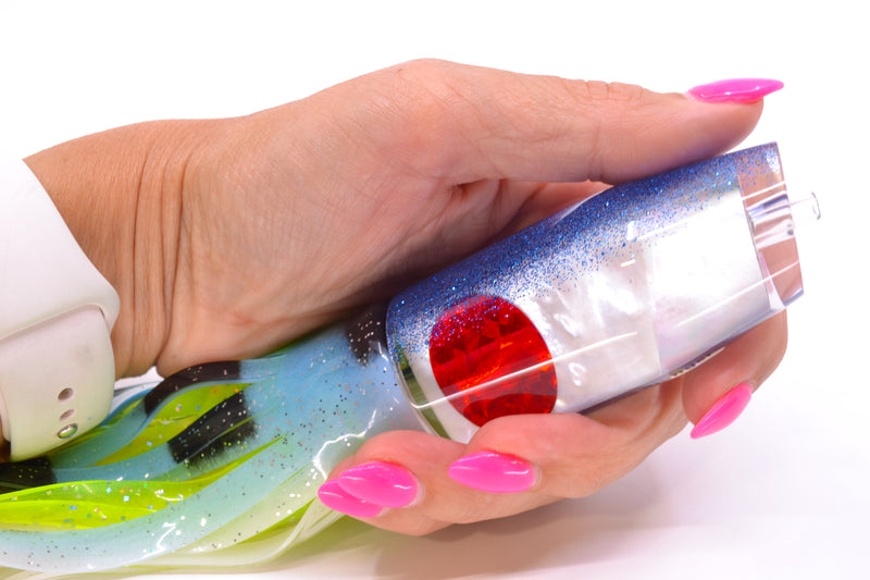 Moyes Lures White MOP Blue Glitter Back Red Eyes O.S. Plunger 12" 7oz Skirted Fruit Salad