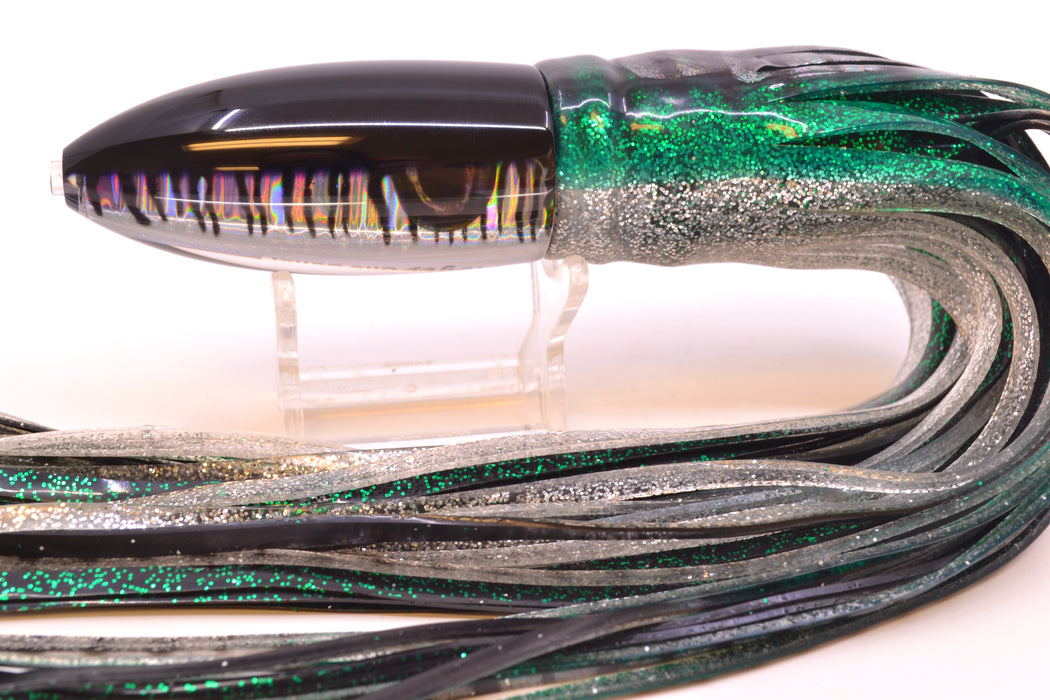 Moyes Lures Black Mackerel Keeled Medium Ono Bullet 9" 8.7oz Skirted Green Aurora