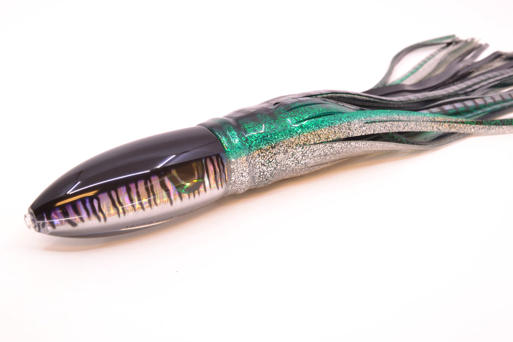 Moyes Lures Black Mackerel Keeled Medium Ono Bullet 9" 8.7oz Skirted Green Aurora