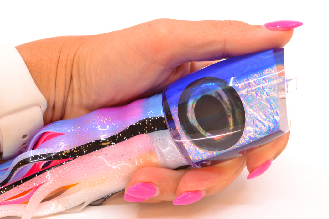 Moyes Lures Ice Blue-Pink Dichro Blue Back Taxi Eyes Large J-Boy 14" 9oz Skirted Gay Bob