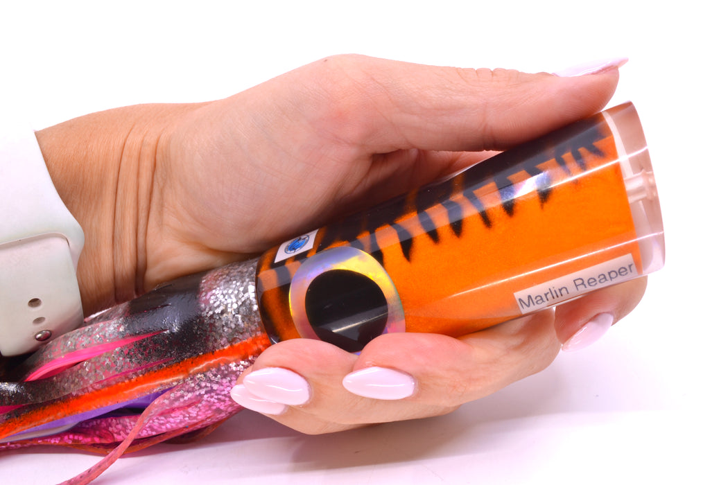 Azores Lures Orange Mackerel Marlin Reaper 12" 10.4oz Skirted Black Bars-Pink