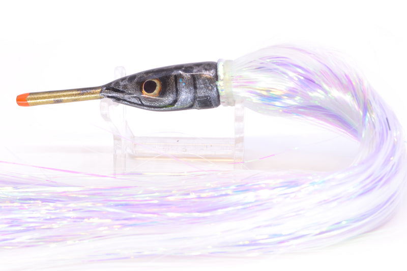 Tsutomu Lures Silver with Black Dots Ballyhoo 5" 3oz Flashabou White/Lavender