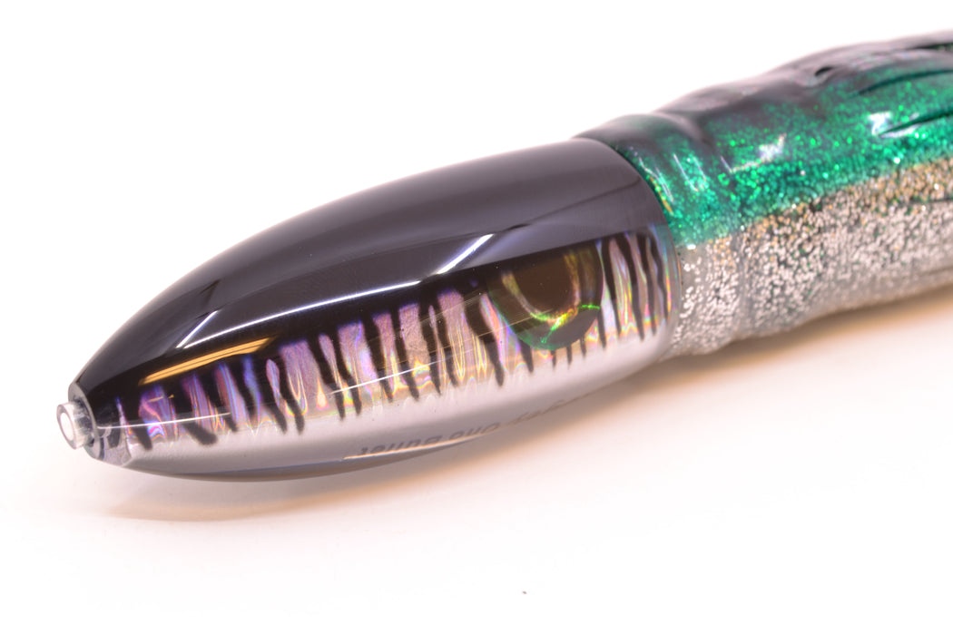Moyes Lures Black Mackerel Keeled Medium Ono Bullet 9" 8.7oz Skirted Green Aurora