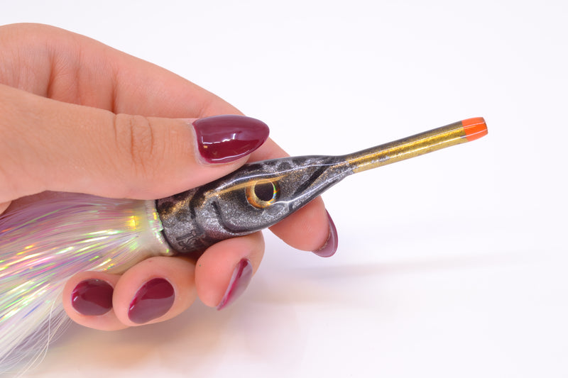 Tsutomu Lures Silver with Black Dots Ballyhoo 5" 3oz Flashabou White/Lavender