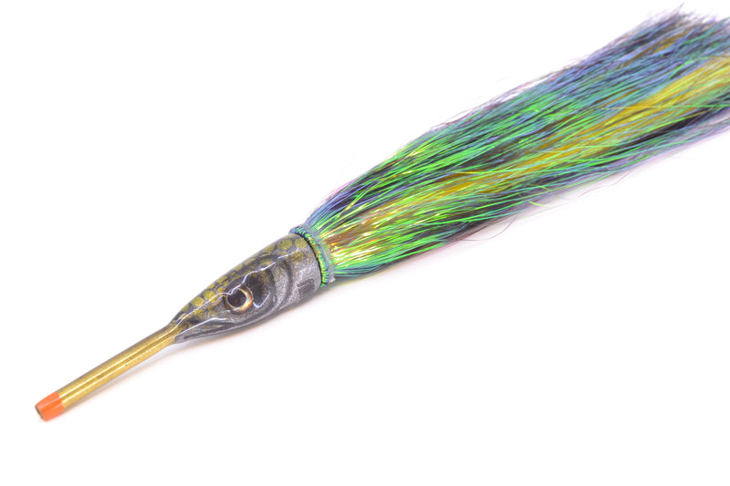 Tsutomu Lures Black with Green Dots Ballyhoo 5" 3oz Flashabou Black/Yellow
