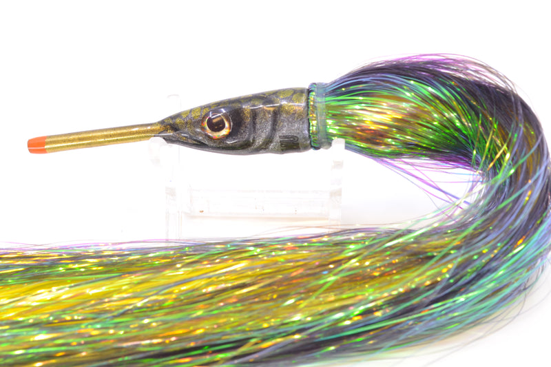 Tsutomu Lures Black with Green Dots Ballyhoo 5" 3oz Flashabou Black/Yellow