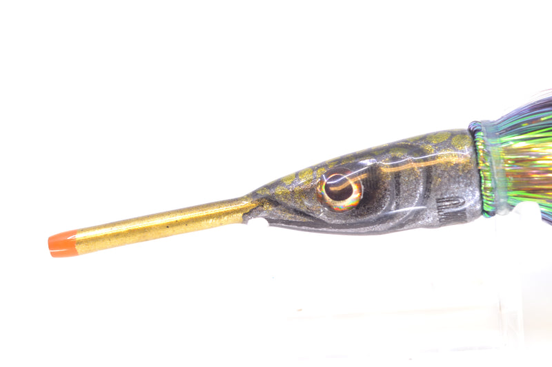 Tsutomu Lures Black with Green Dots Ballyhoo 5" 3oz Flashabou Black/Yellow