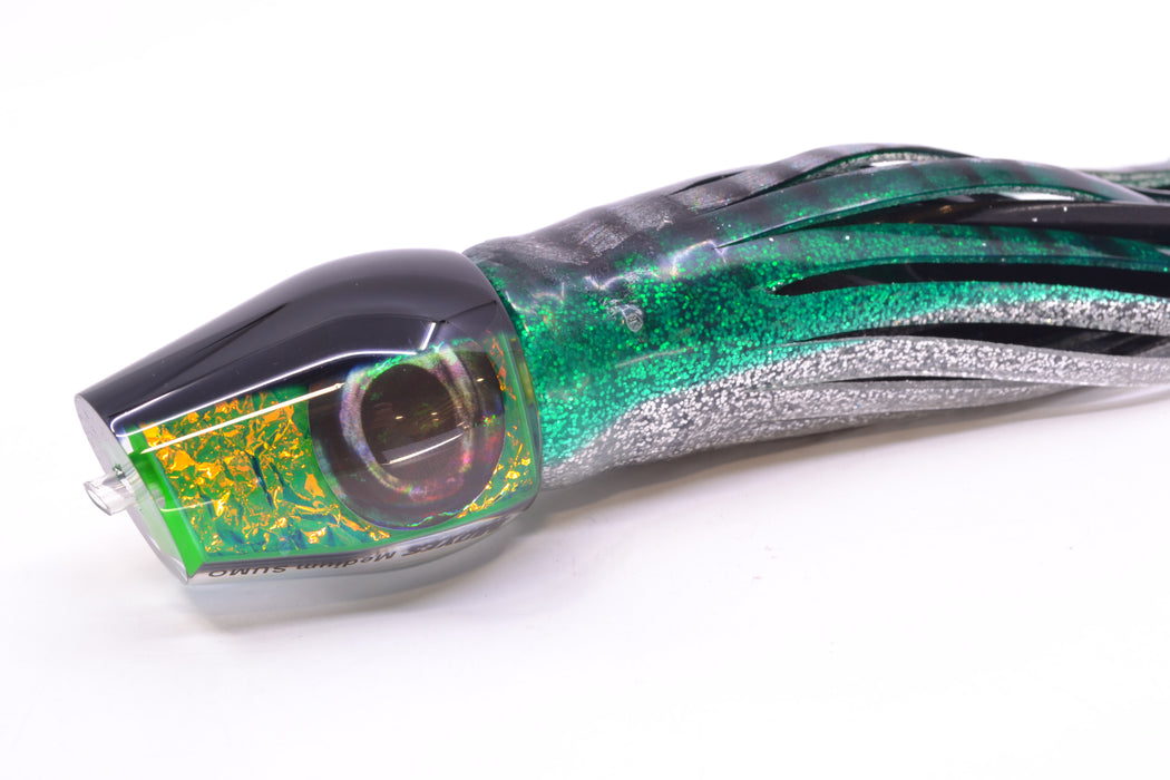 Moyes Lures Green-Orange Dichro Black Back Taxi Eyes Medium Sumo 12" 6.8oz Skirted