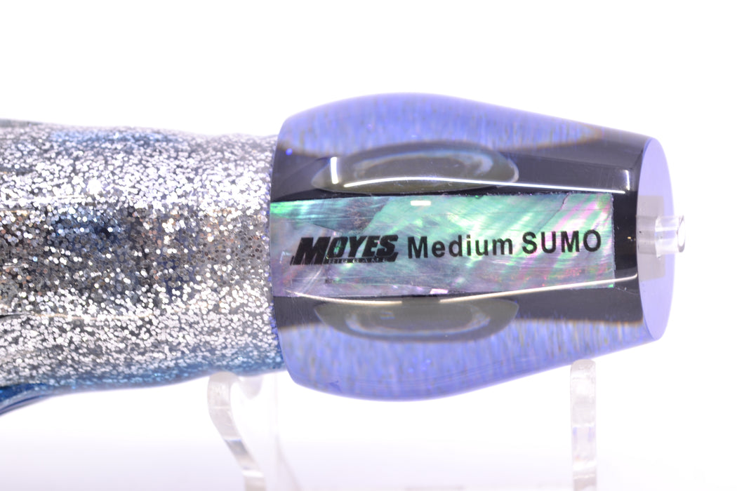 Moyes Lures Black Pearl Blue Back Taxi Eyes Medium Sumo 12" 6.8oz Skirted Blue Aurora