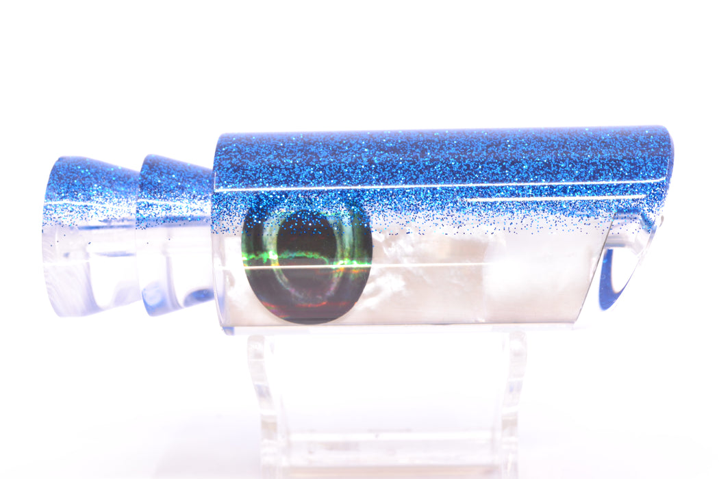 Moyes Lures White MOP Blue Glitter Back Taxi Eyes Medium Pipe Bomb 12" 4.6oz GZE