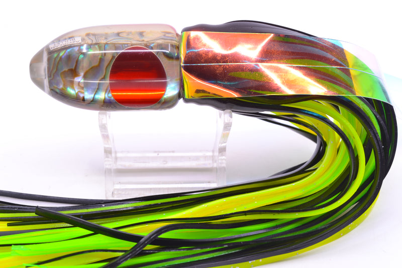 Azores Lures Paua Shell Red Eyes Azorean Bullet 9" 5.7oz Skirted Black/Green-Chartreuse with Wings